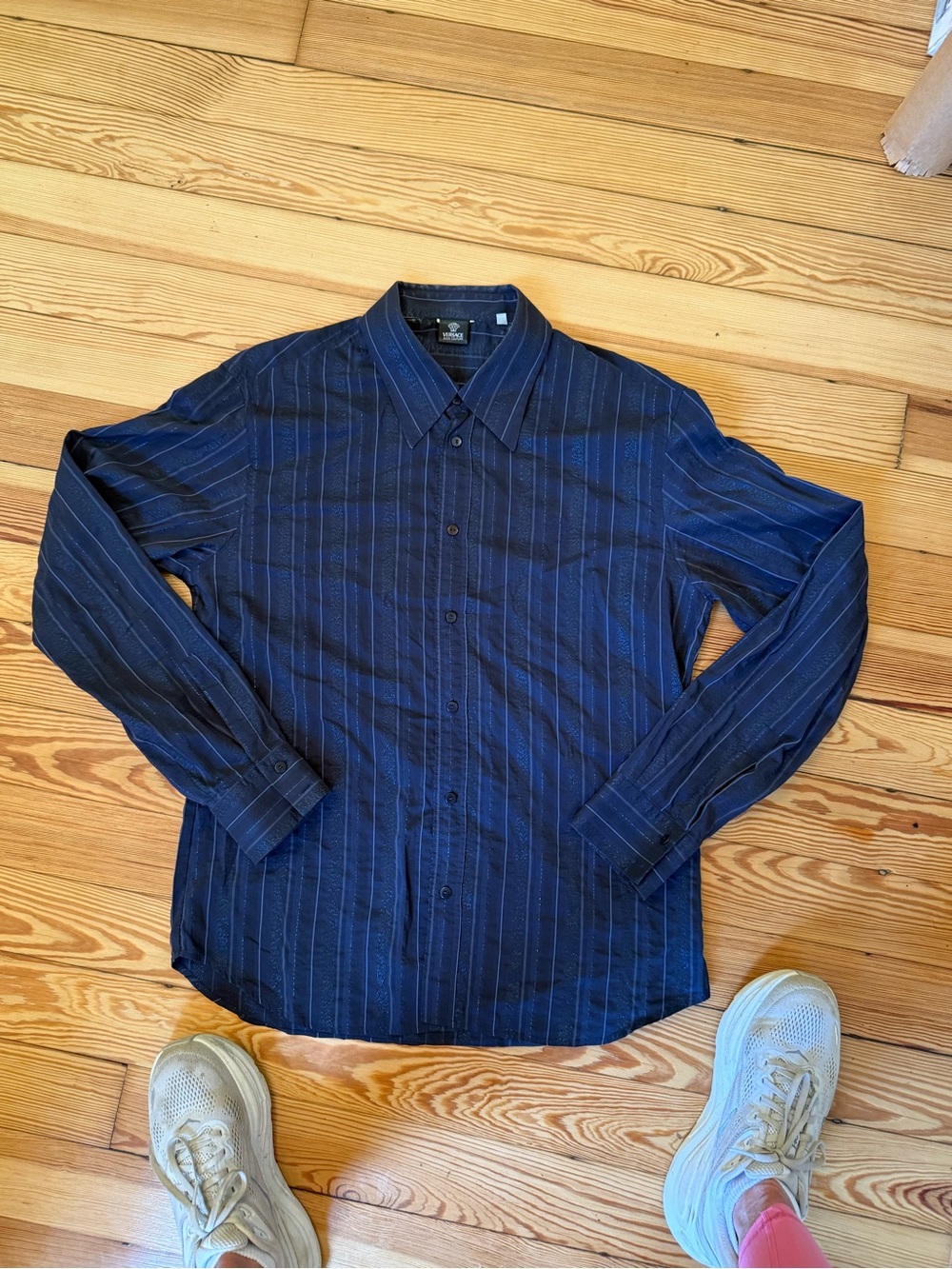 Versace Navy Blue Pinstripe Long-Sleeve Dress Shirt